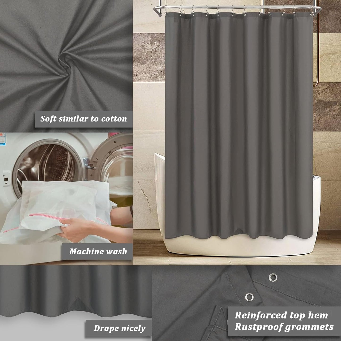hjwanyin Shower Curtain, Long Shower Curtain Made of Mould PEVA, Stylish and Water Repellent Shower Liner for Bathroom (Grey, 180 * 200cm)