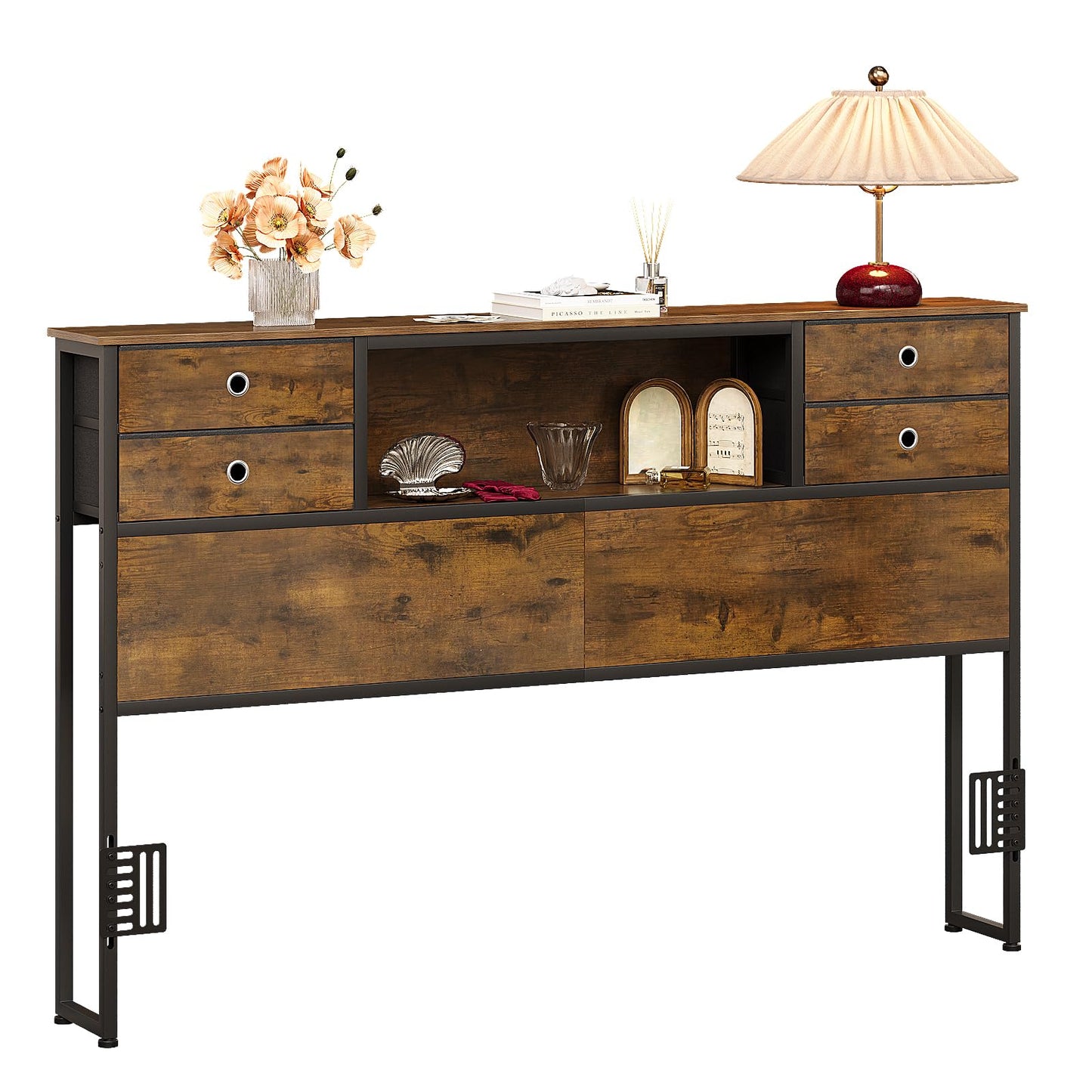 VEDECASA King Size Bed Headboard with Storage, Freestanding Headboard with 4 Fabric Drawers & Shelves, Adjustable Bed Frame Connectors