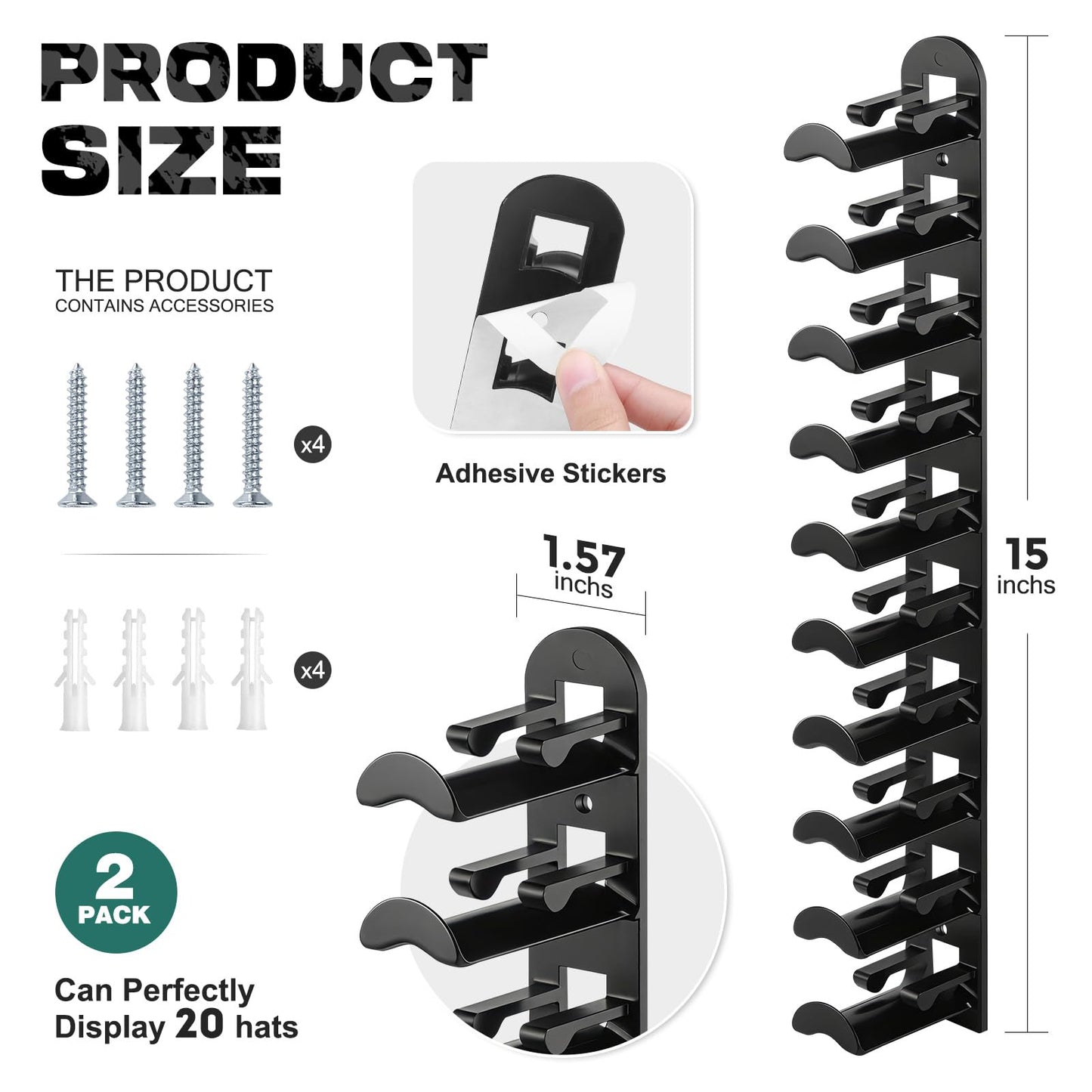 Jcocylse Hat Storage for Wall Mount – Baseball Cap Storage & Cap Holder, Space-Saving Hat Rack with Hooks for Hanging Caps (Black)