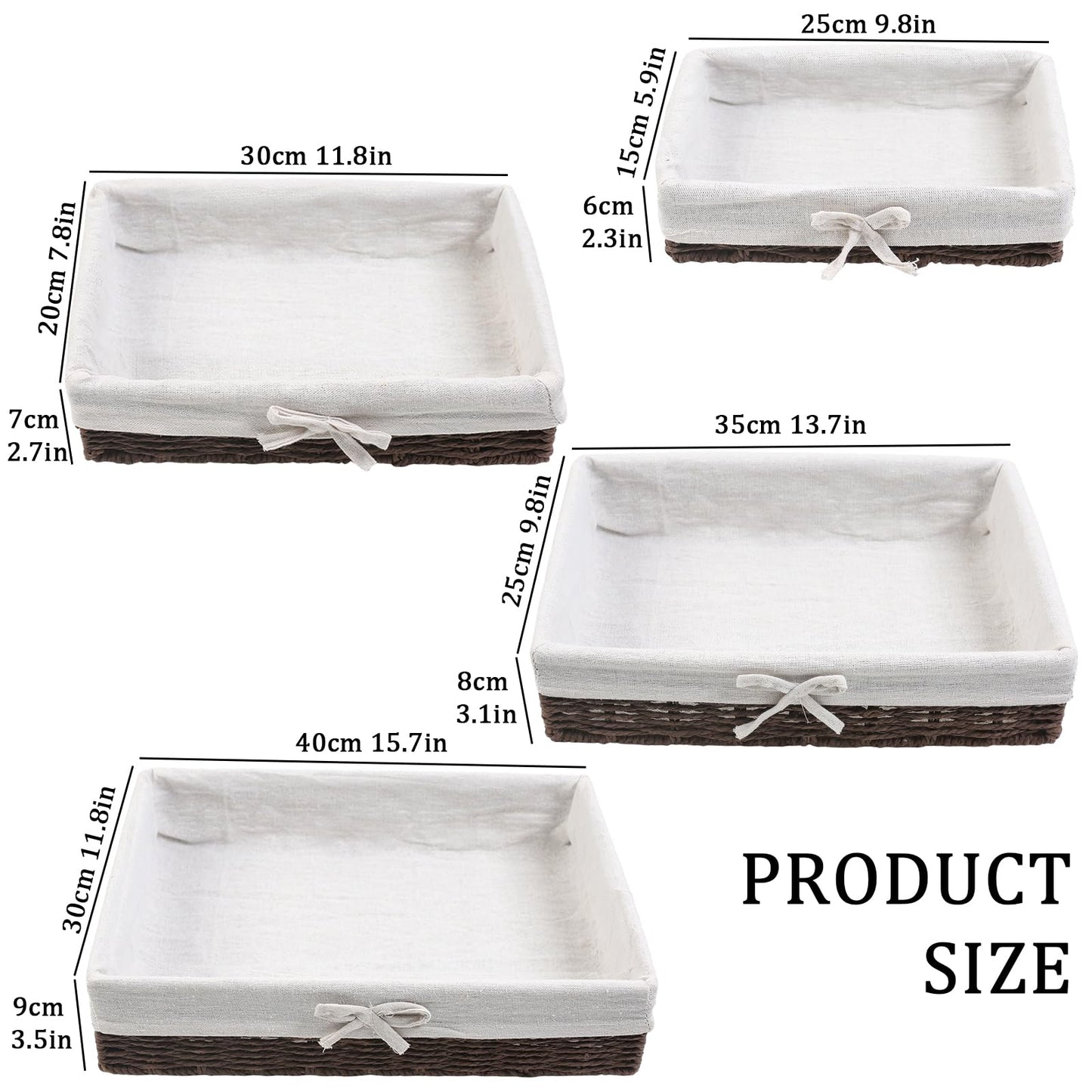 YedZen Set of 4 Natural Paper Rope Storage Baskets with Removable Lining and Metal Frame, Woven Hamper Wicker Baskets for Bathroom Shelves, Desk