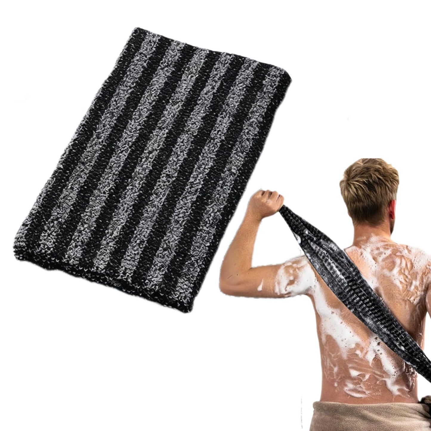 IHONYI Exfoliating Wash Cloth for Men, Black Stripe Body Scrub Towel with Carbon Fiber & Polyester, Deep Cleansing Bath Towel for Skin Care
