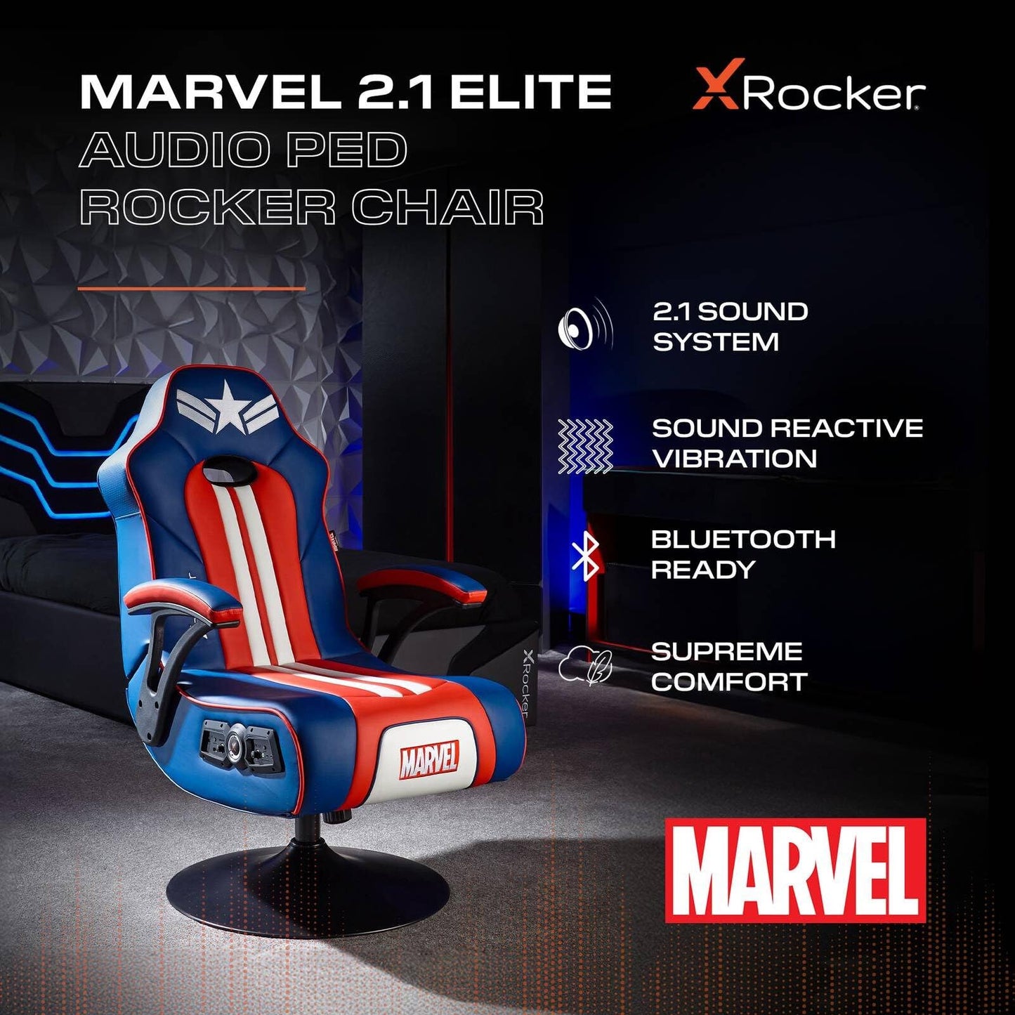 X-Rocker Marvel Captain America 2.1 Pedestal, Stereo Audio Gaming Chair - Bluetooth Connectivity, Reactive Vibration, Foldable Base