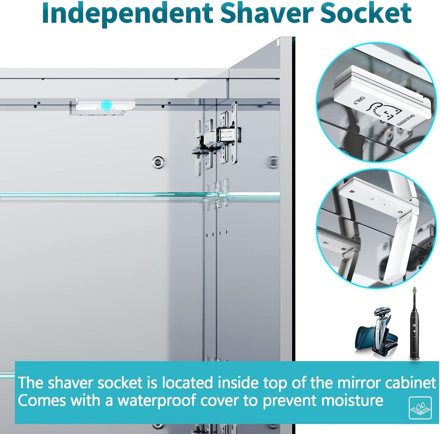 ELEGANT 3 Doors Bathroom Mirror Cabinet with Shaver Socket Stainless Steel Wall Mounted Storage Cabinet with Three-color Infinitely Dimmable