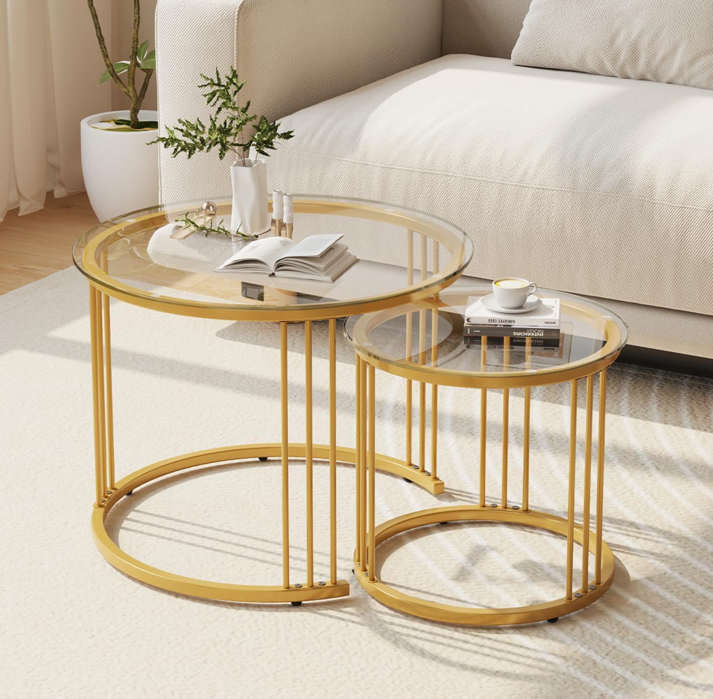 Huhote Round Coffee Tables, Set of 2 End Table, Nesting Tables, Side Table with Metal Frame for Living Room/Bedroom/Balcony/Office/Apartment