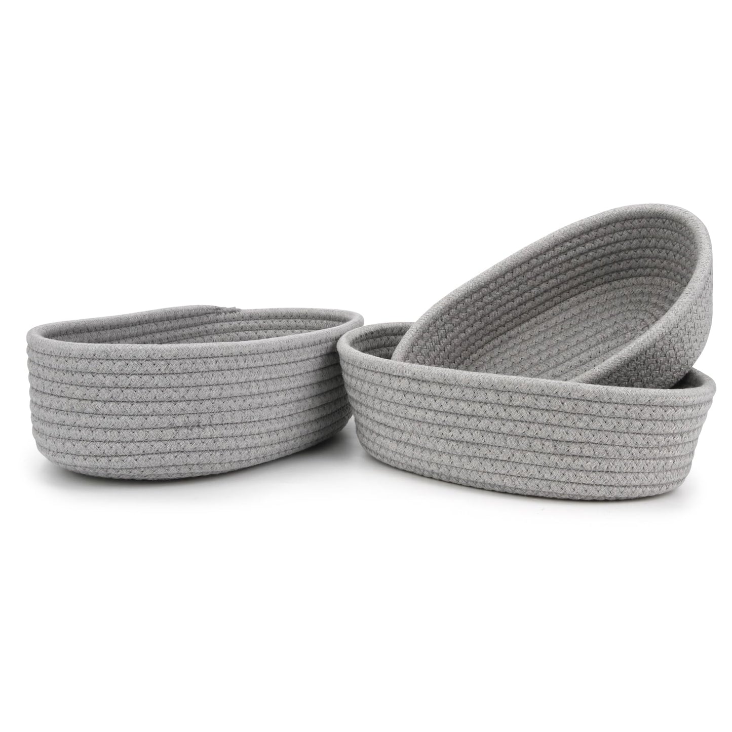 Spesh Cotton Rope Storage Baskets, Set of 3 Woven Shelf Baskets Oval Cotton Storage Boxes Empty Hampers Organiser Bins(Grey)