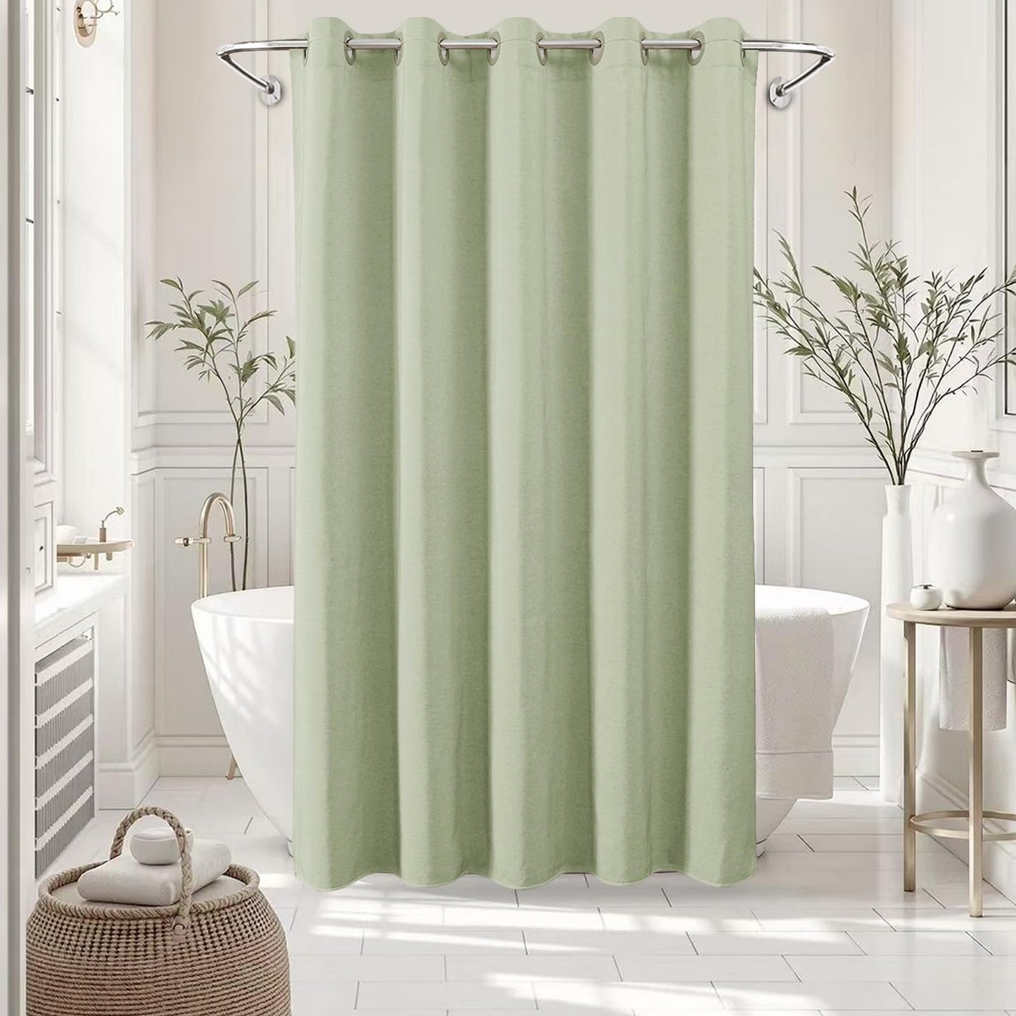 Zemyovia No Hooks Linen-Like Shower Curtain, Waterproof 250GSM Heavyweight Fabric, 180 x 190, Easy Install Split Grommets