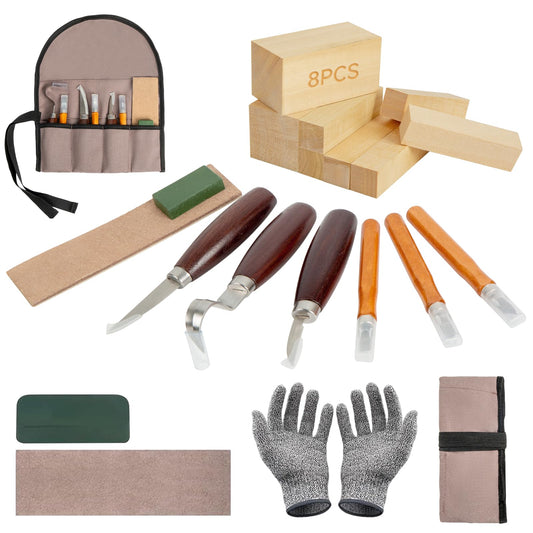 21PCS Woodworking Tools Set, Wood Whittling Kit for DIY Lovers Beginners, Including Basswood Blocks, PU Storage Bag (21PCS)