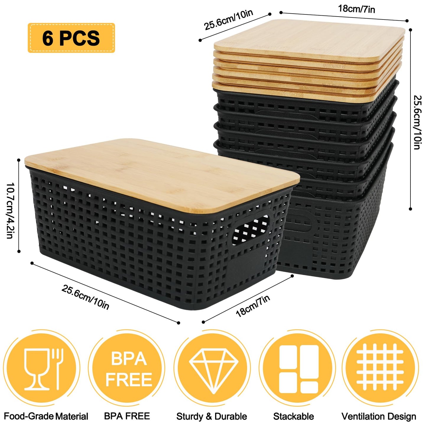 6Pcs Storage Plastic Baskets with Bamboo lids, Lidded Storage Bins - Black