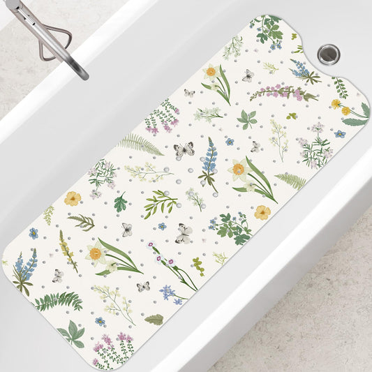 SHUCHING Green Leaves Flower Bath Mat Non Slip Anti Mould, 100 X 40 cm Extra Long Bathtub Mat Anti Slip, Shower Mat Non Slip Anti Mould for Bathroom