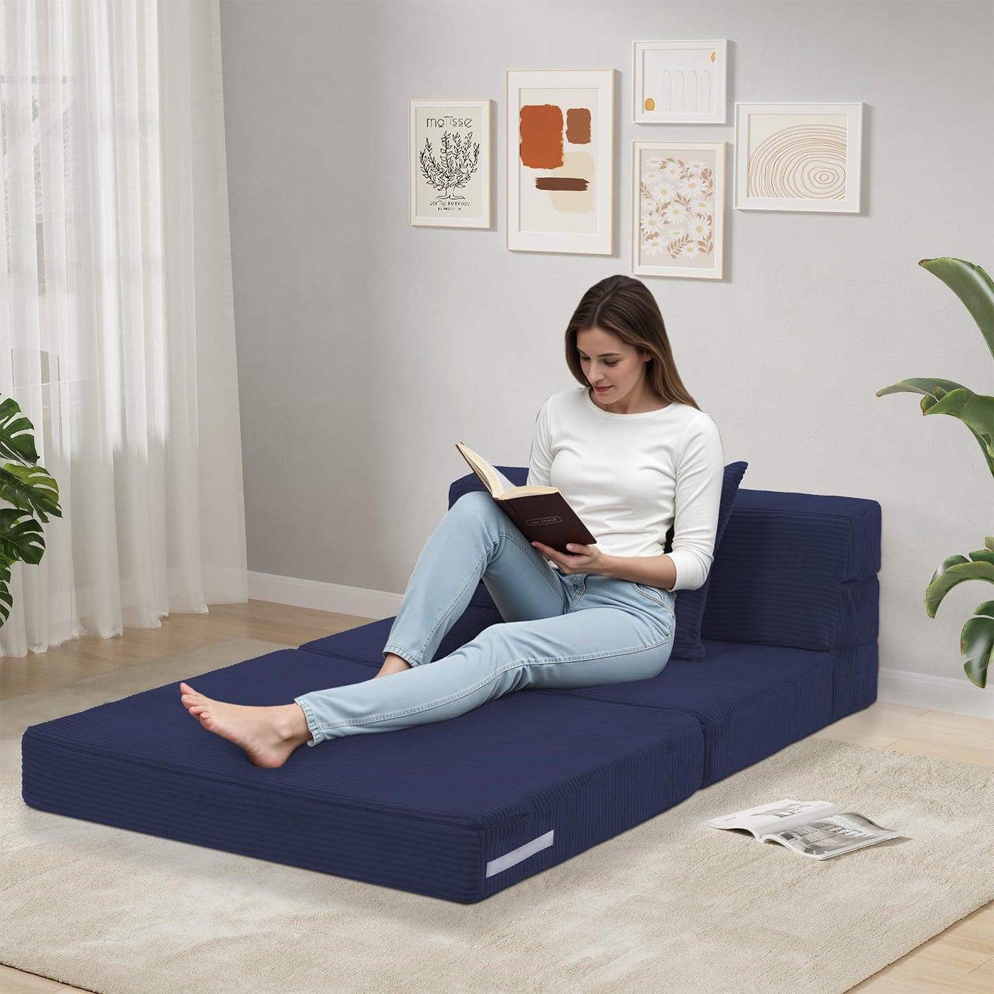 MeMoreCool Folding Mattress Single, Corduroy Fold Out Sofa Bed, Grey