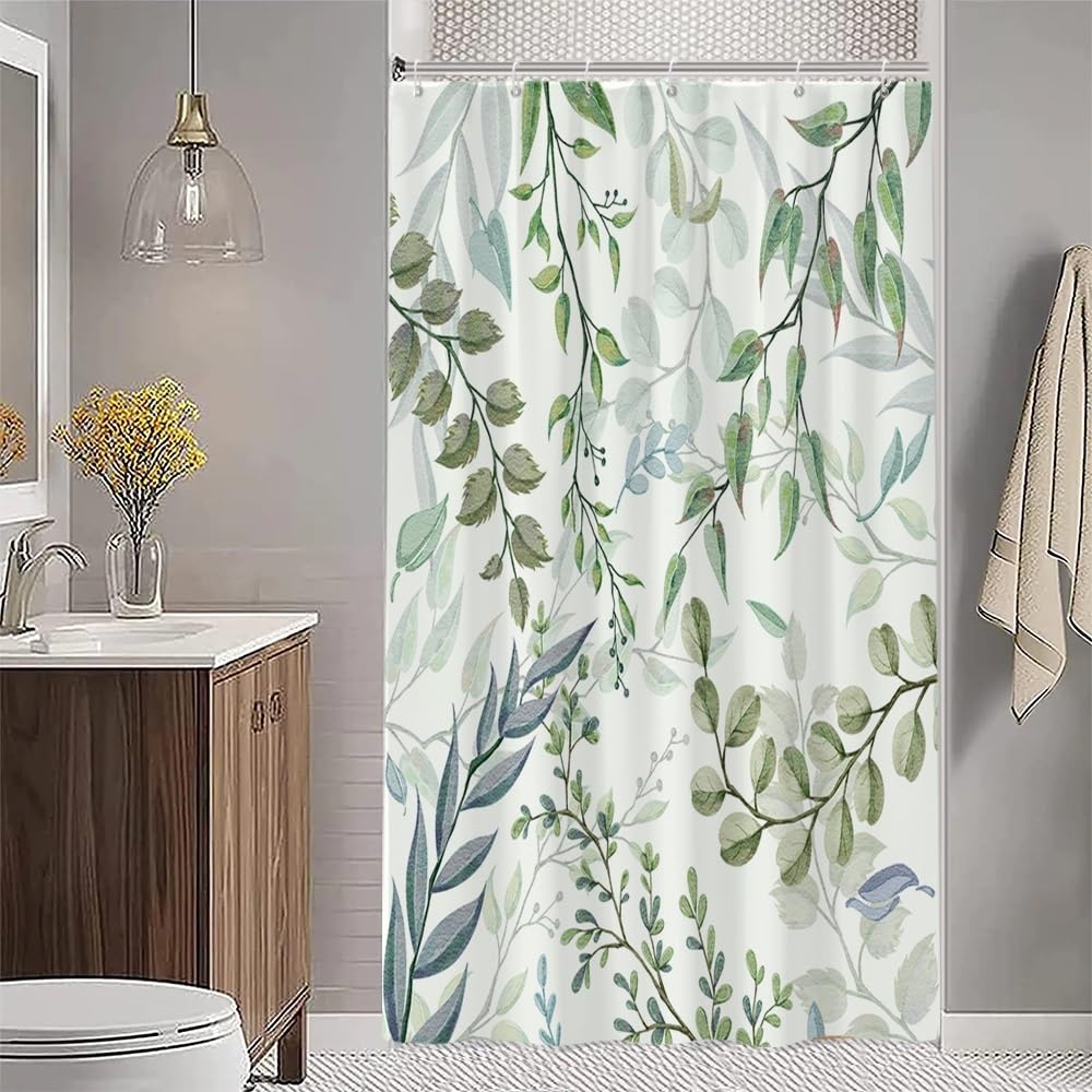 Uiiooazy Eucalyptus Shower Curtain, Green Blue Leaves Pattern Bath Curtain Mildew and Mould Resistant Waterproof Polyester Fabric Washable Opaque