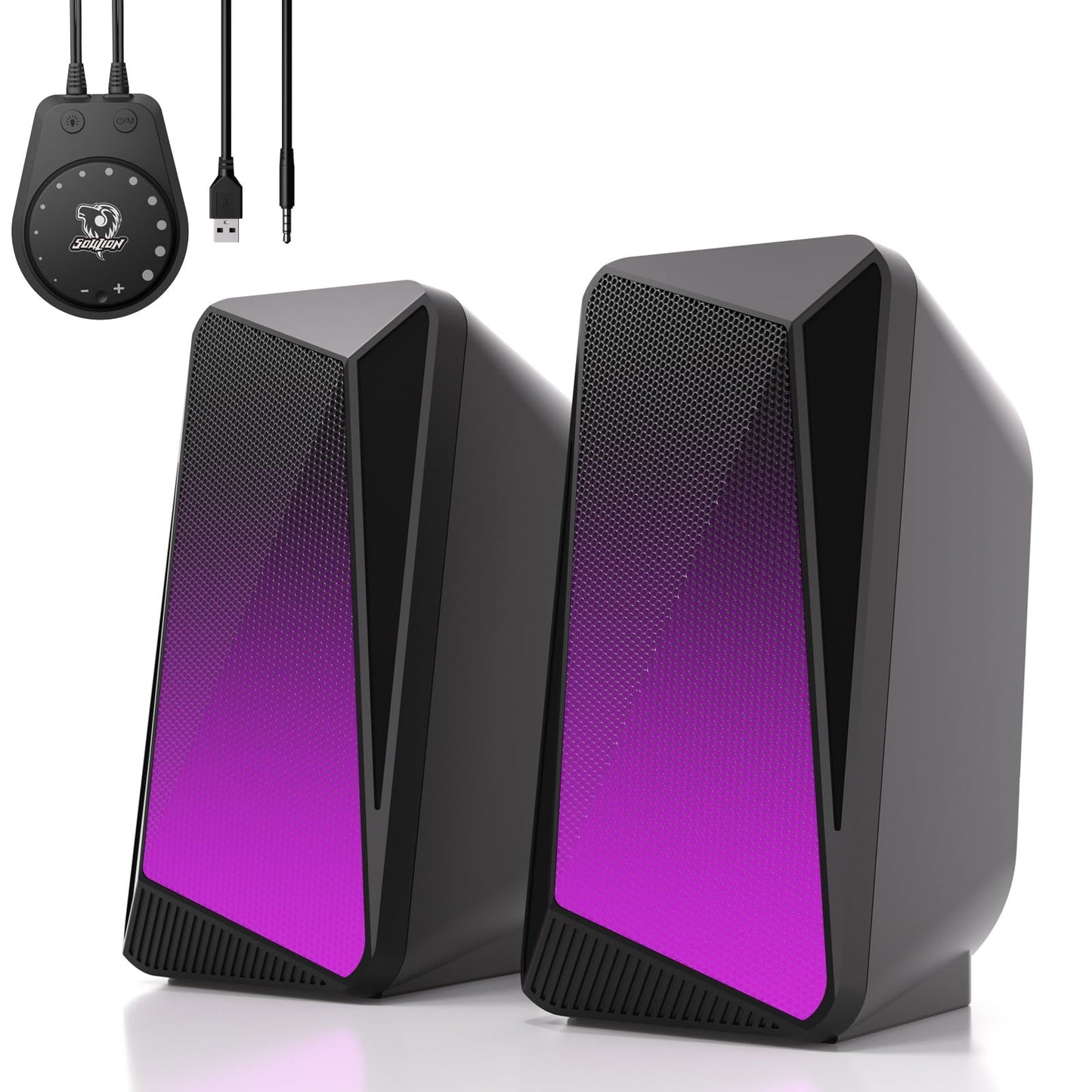 SOULION C30 Bluetooth PC Speakers for Desktop Computer, Monitor, Laptop, Gaming, 3.5mm Aux input, USB Powered, Colourful LED Lighting, Stereo 2.0, 1