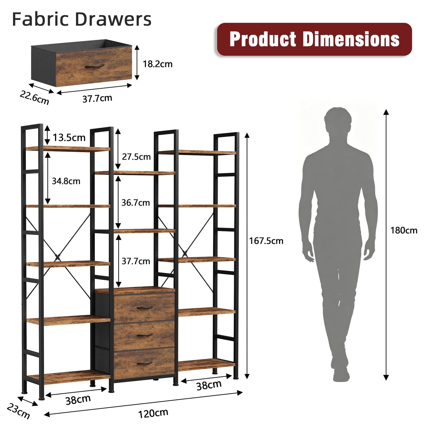OYRREU 5-Tier Bookcase with Drawers, 120cm Wide Rustic Brown Shelving Unit