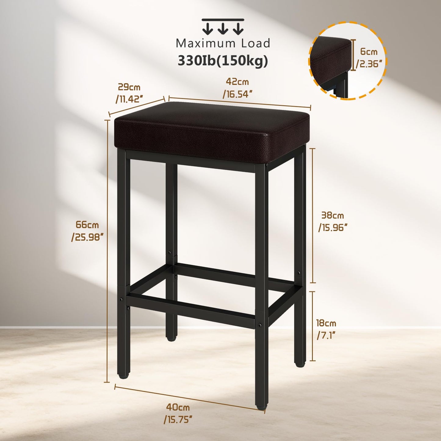 YMYNY 66cm Bar Stools Set of 2 - PU Leather Breakfast Bar Stools, HBS513K