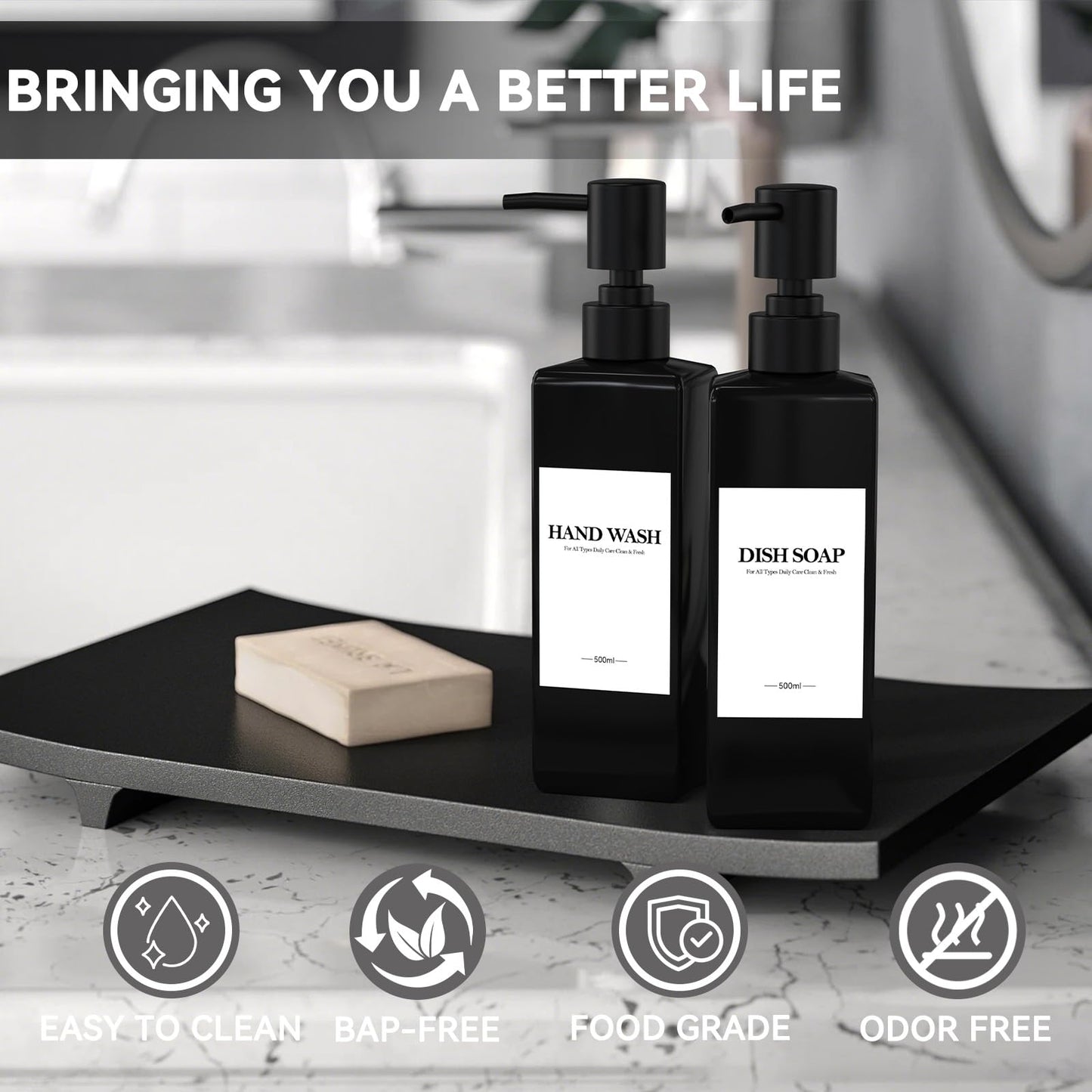 Set of 4 Plastic Shampoo Bottles for Filling, 500 ml Soap Dispenser Bottles Shampoo Dispenser Black Pump Dispenser with Funnel and Waterproof Labels