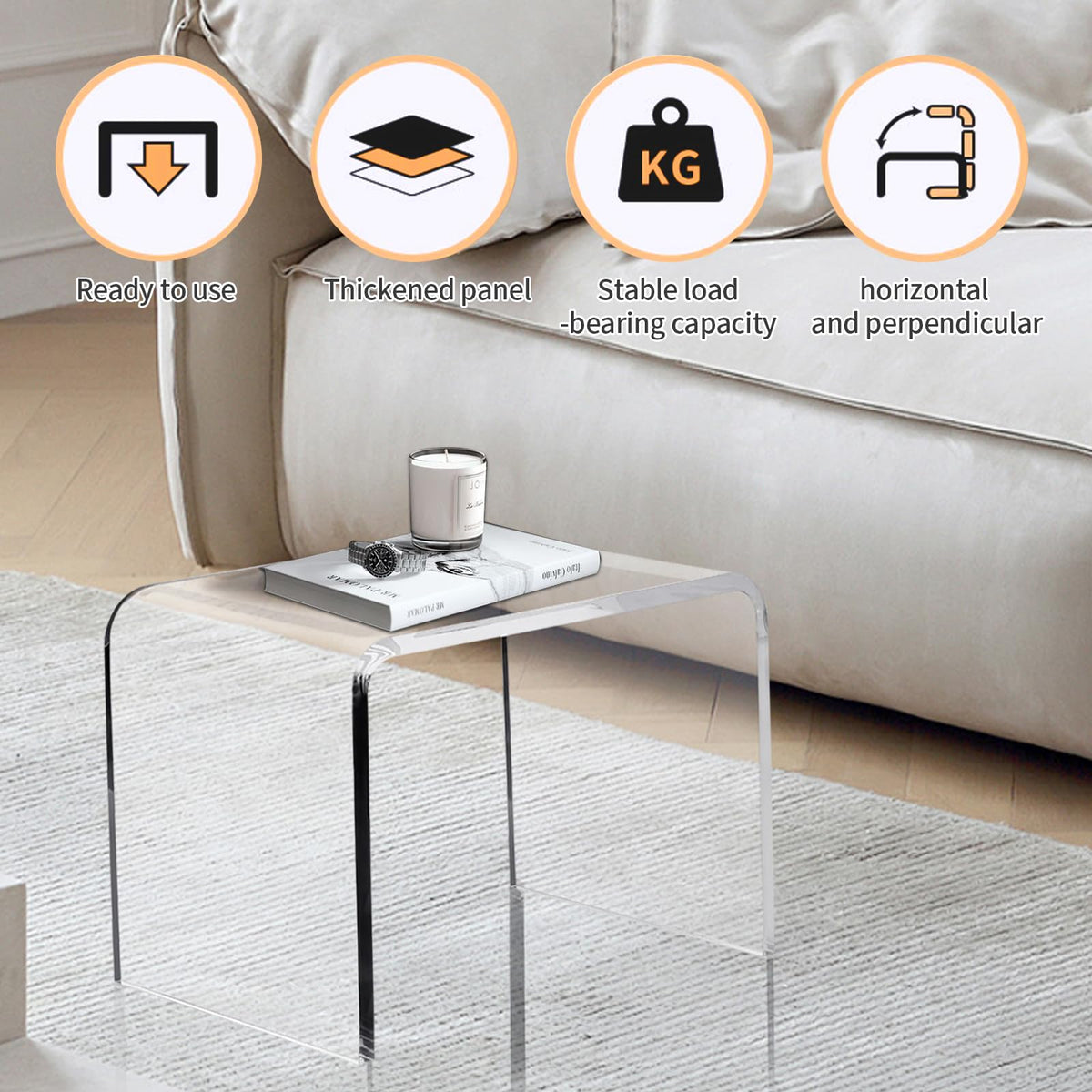 Clear Acrylic U Shaped End Table, Transparent Perspex Plastic Shower Stool, Stylish Modern Coffee Table with Rounded Edges
