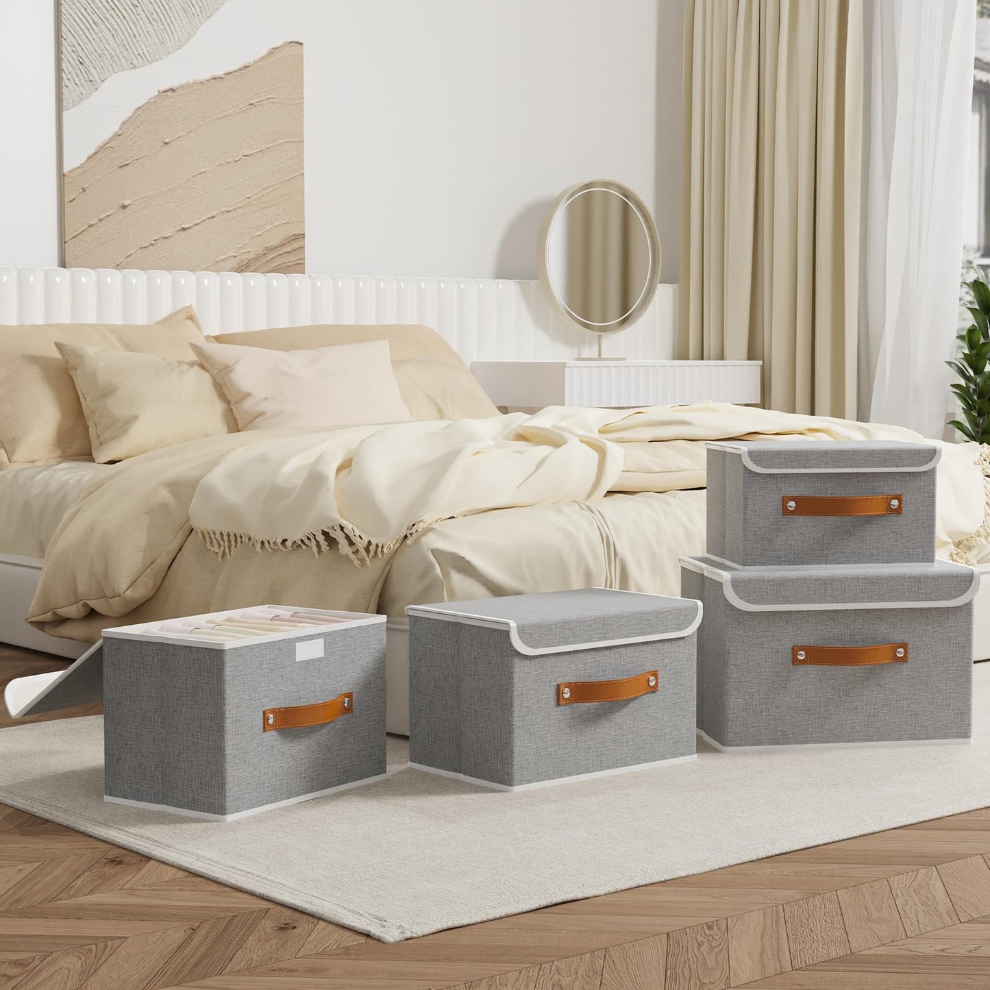 OUTBROS Fabric Storage Boxes with lids, Bins 33x23x20cm (Grey, 2-Pack)
