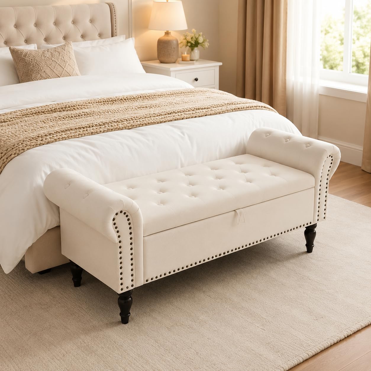 Clevich Ottoman Storage Bench, Velvet End of Bed Storage Box with Lid, Sturdy Wood Legs Footrest, 168KG Load Capacity