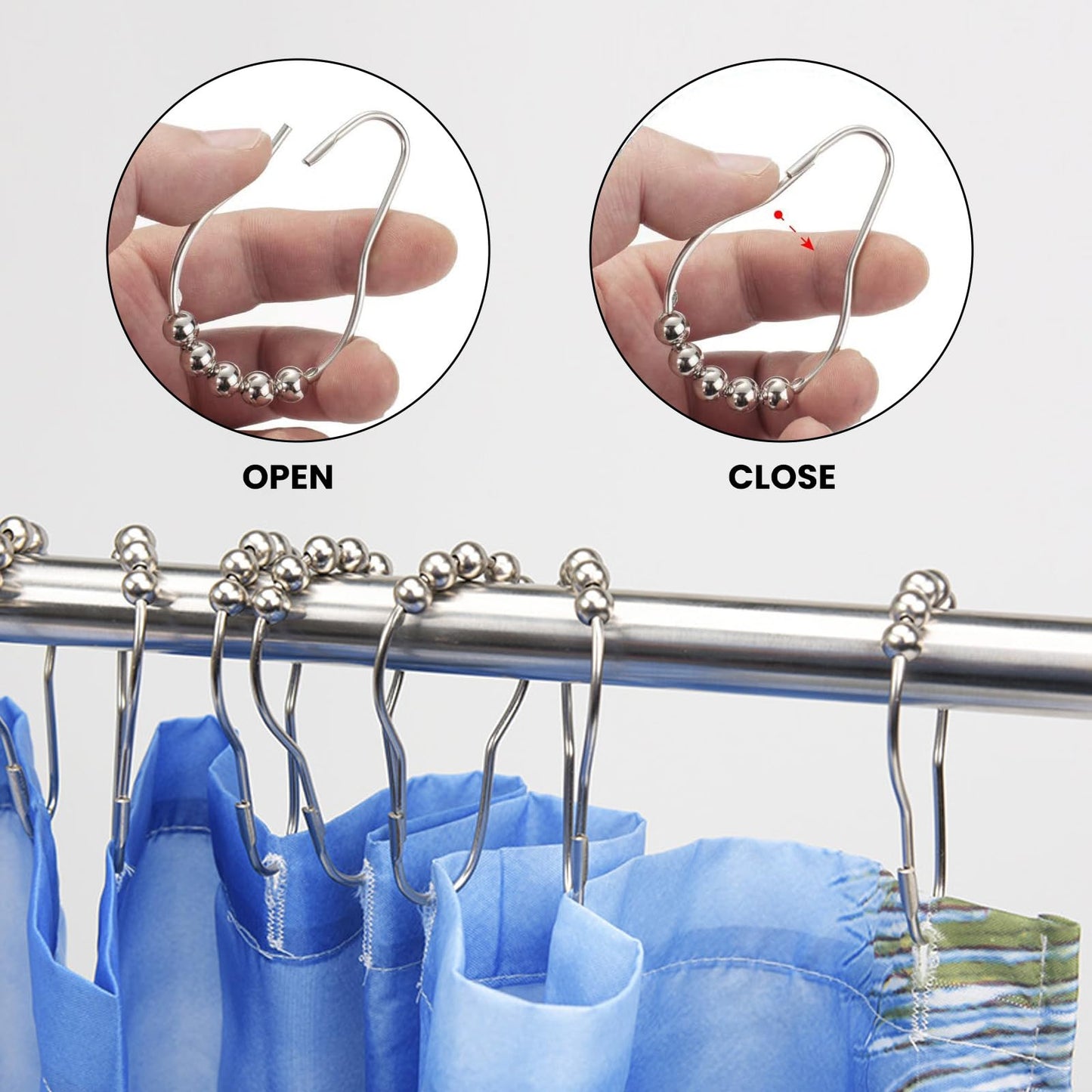 12 PCS Shower Curtain Hooks, Silver Stainless Steel Shower Curtains Rings with Roller Balls, Rust-Resistant, Heavy-Duty Closure