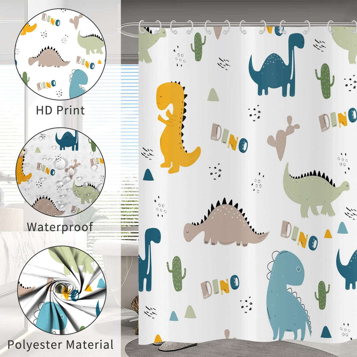 Hnmdmyi Cartoon Dinosaur Shower Curtain 180x200, Colorful Funny Animal Graffiti Cute Dino Children Kids Bathroom Curtains with Hooks Waterproof