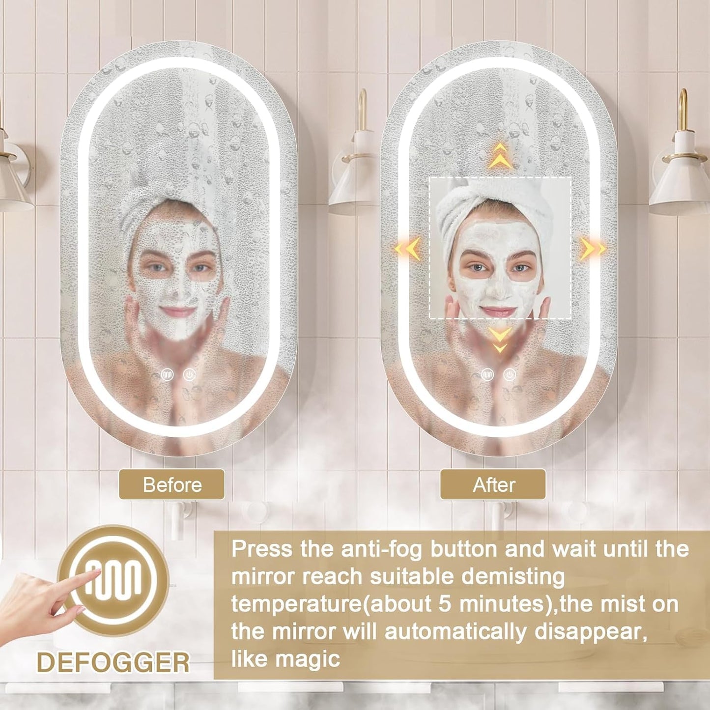 Janboe Oval Mirror Cabinet with Light,41×71cm,3 Colors&Dimmer,Defogger,Internal LIghting,Powerer Coating Iron,USB Shaver Socket,White