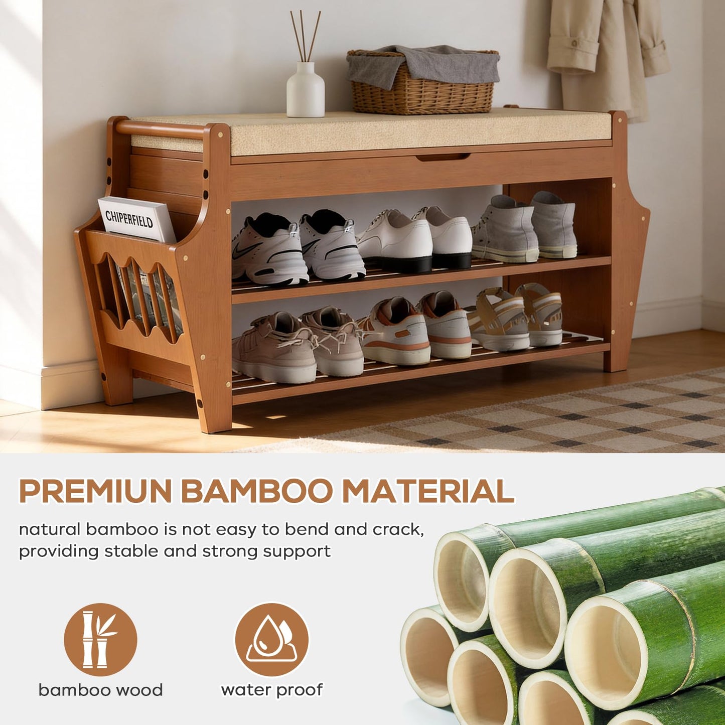 Shoe Bench 34.3in, Bamboo 3-Tier Entryway Bench with Storage, Shoe Rack