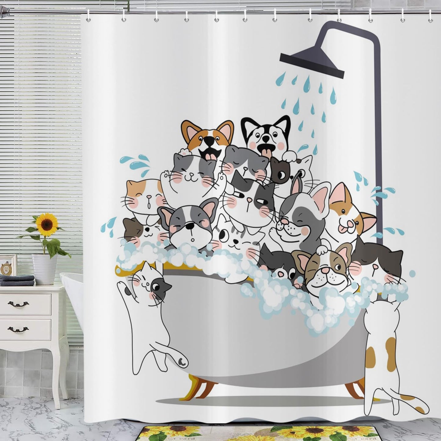ASDCXZ Funny Cat Shower Curtain 180x200 cm, Cute Colorful Kitten Puppy Kids Bathroom Animal Hilarious Waterproof Bath Curtain Polyester Textile