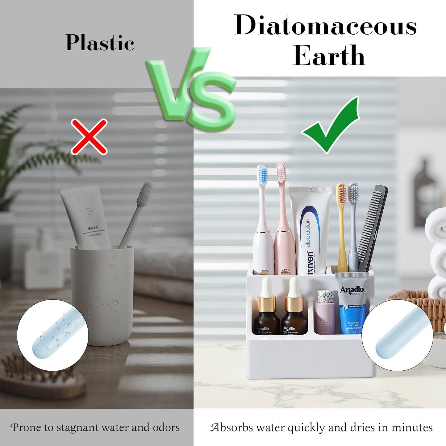 Luxspire Diatomite Toothbrush Holder, 4 Slots, Light Gray