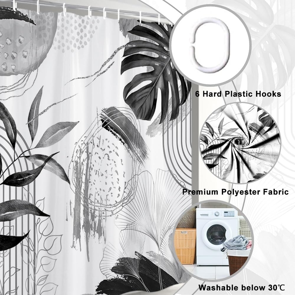 Uiiooazy Anti-Mould Shower Curtain, Narrow Shower Curtain 90 x 180 cm, Grey Tropical Palm Leaves Jungle Boheme Bath Curtains Washable Fabric