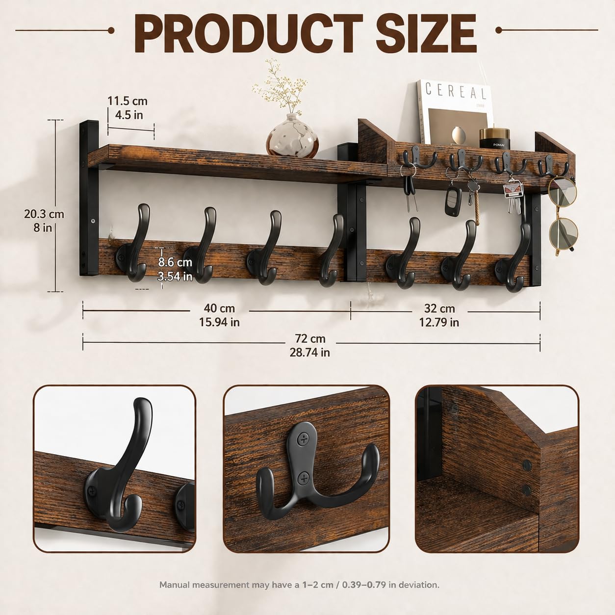 Xygobla Wall Mounted Coat Rack with Shelf and 11 Hooks, Carbon Steel and Solid Wood Organiser with Key and Mail Holder for Living Room, Bedroom