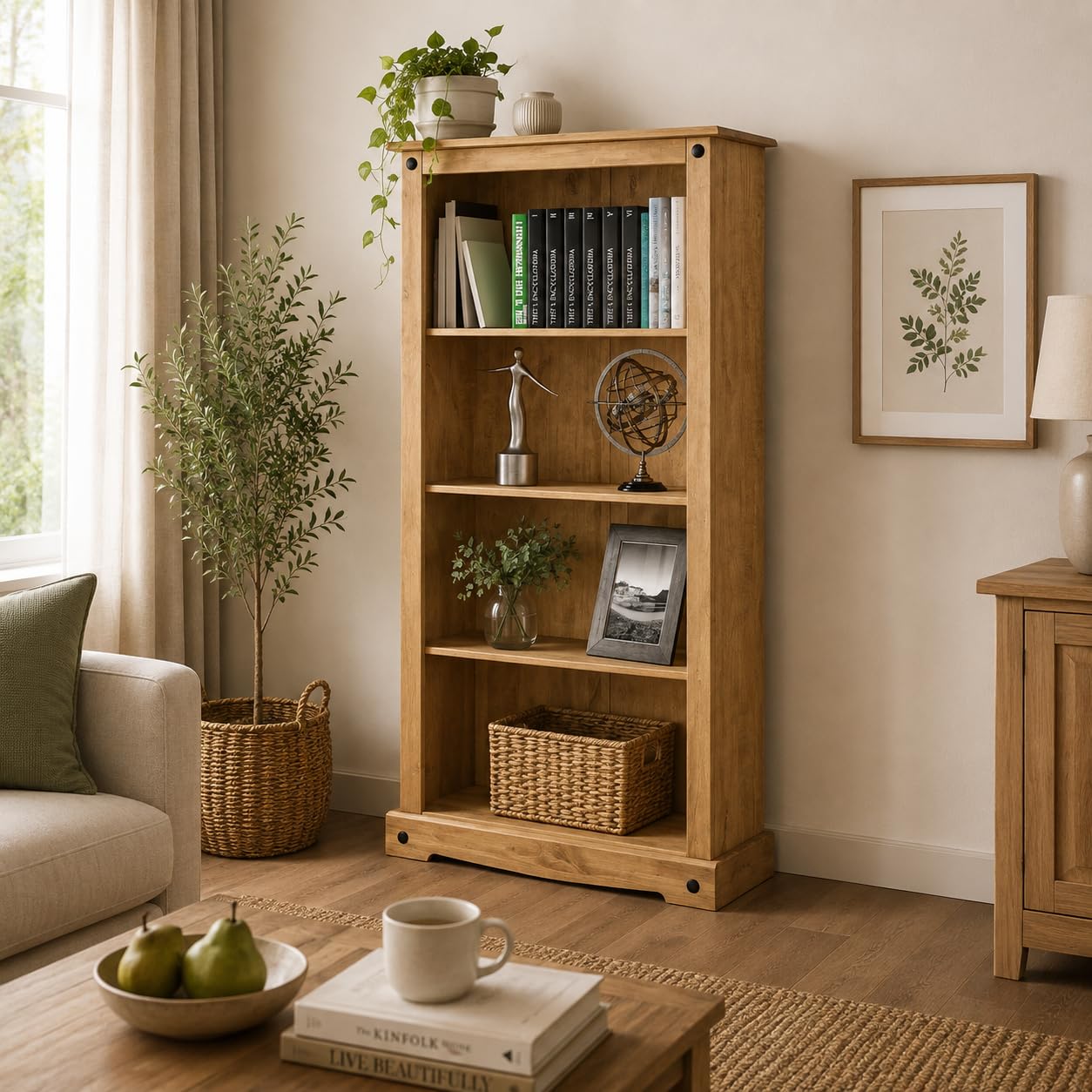 Mews Corona Bookcase Medium Solid Mexican Pine Wood with 3 Shelves - Rustic Farmhouse Style