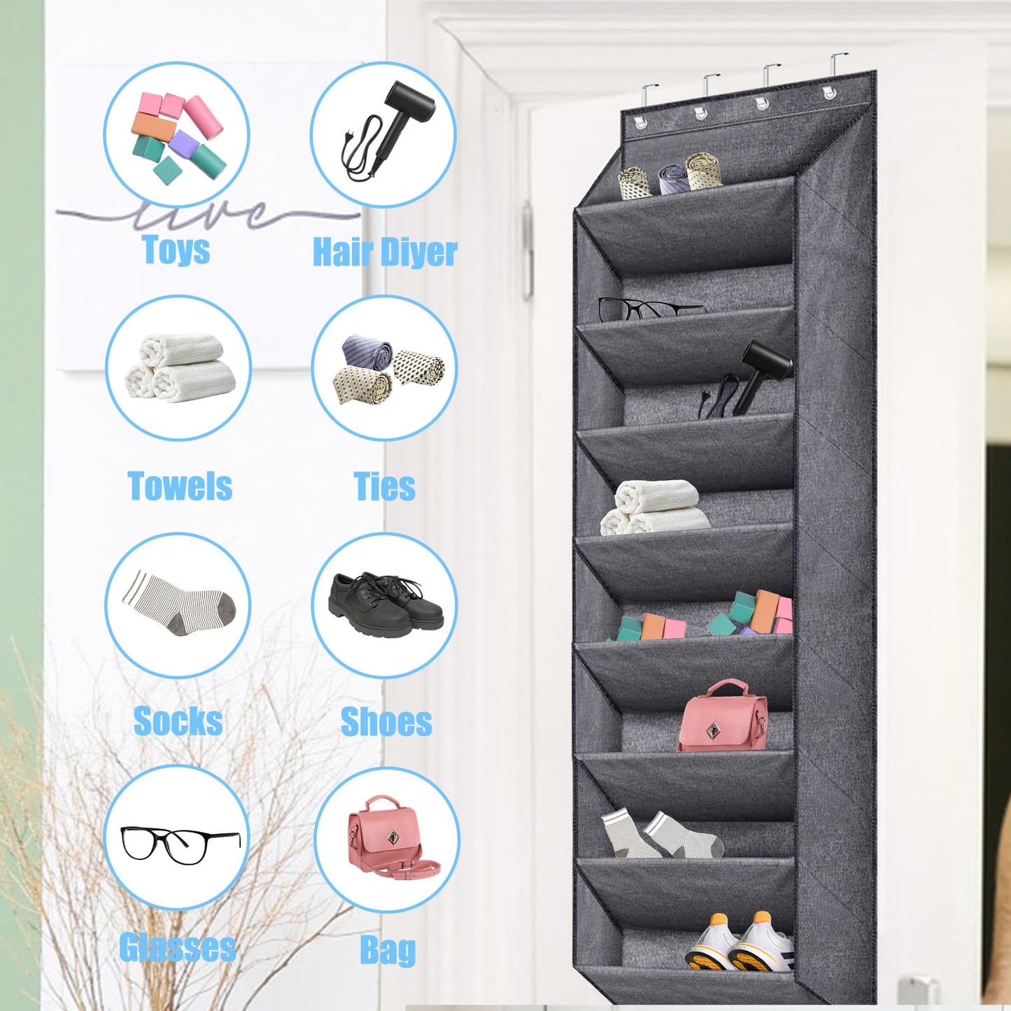 QUMENEY 8 Shelves Over Door Shoe Organizer Hanging Shoe Rack for Door Closet with Deep Pockets Back of Door Storage fits 24 Pairs Shoe Holder（Gray）
