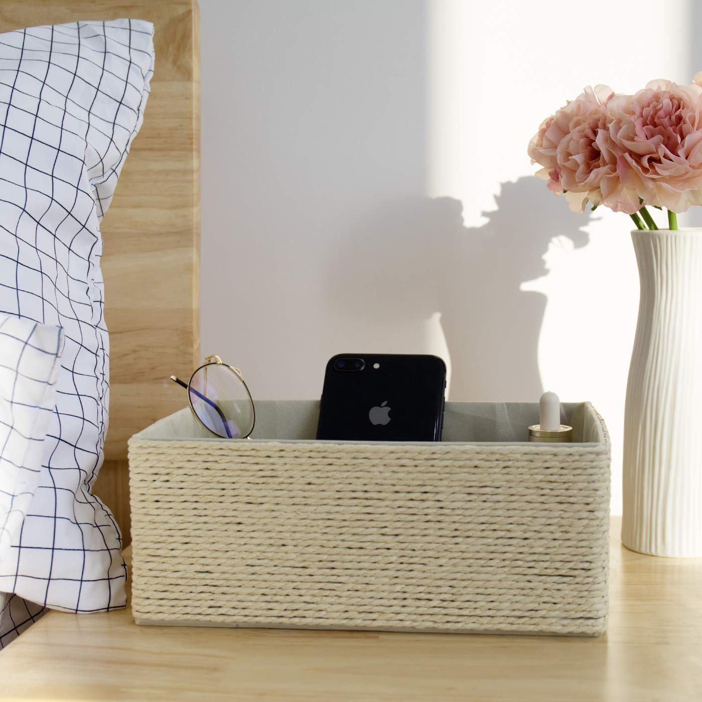 LA JOLIE MUSE Paper Rope Woven Storage Basket Set of 4 with Fabric Liner, Stackable Multipurpose Organizer Bin,Beige