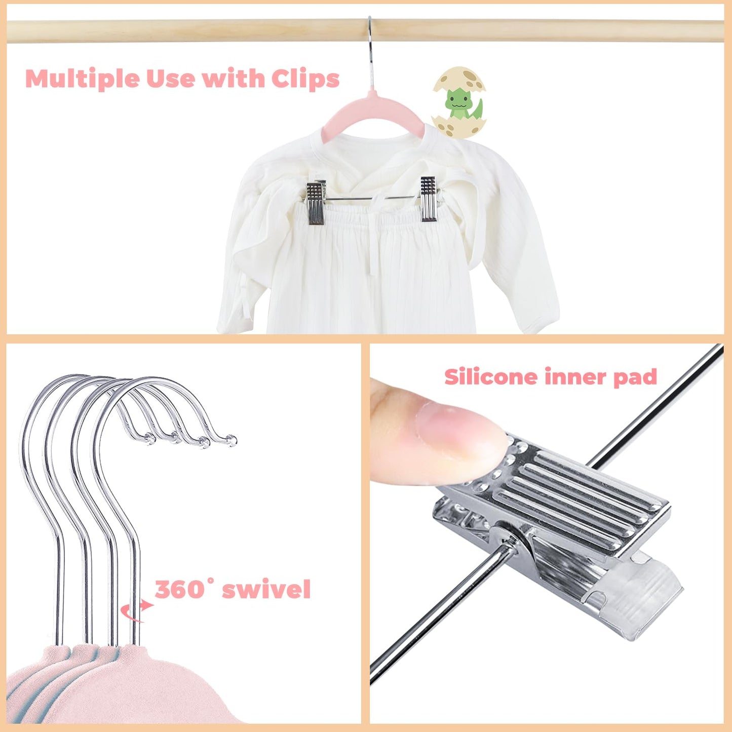 MangoKit Trouser Hangers & Movable Clips,Baby Velvet Hangers 16 Pack Pink