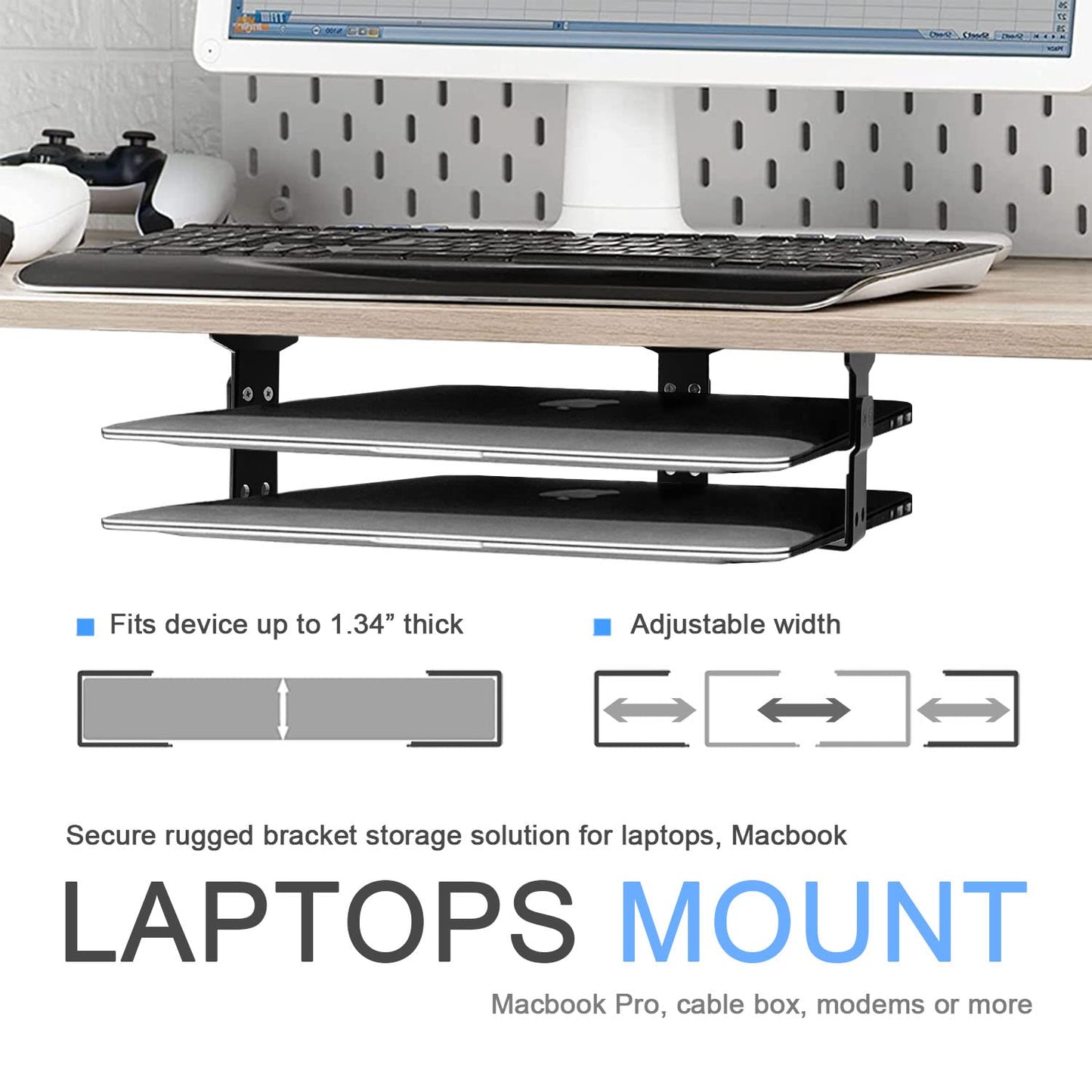IFCASE 2 Tier Under Desk Laptop Mount, Double Decker Metal Under Desk Shelf Holder for Laptop, MacBook Pro, Keyboard with Anti-Scratch Silicone