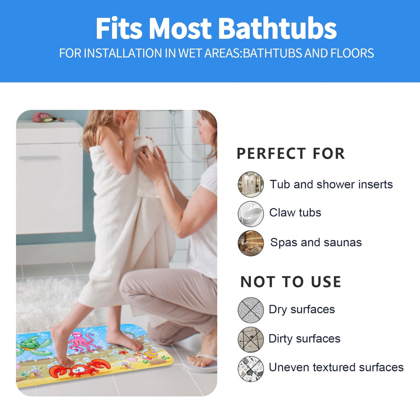Baby Bath Mats Non Slip Anti Mould, 100x40cm Bathtub Mat with Suction Cups & Drain Holes Extra Long Cartoon Kids Bath Seat Mat Machine Washable