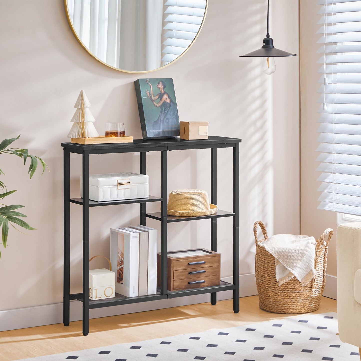 HOOBRO Console Table, Narrow Console Table, Slim Sofa Table with 4-Tier Storage Shelves, Industrial Hallway Table with Metal Mesh Shelf, for Hallway