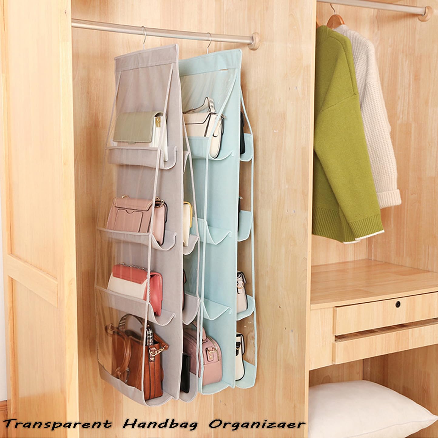 AARAINBOW Hanging Purse Organizer, 8 Pockets, Women Handbag Holder, Hanging Closet Bag Organizer, 44.5L x 13.5W, C-Light Gray
