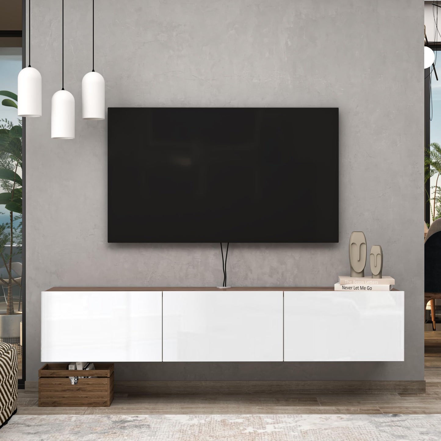 ATELIER MOBILI Floating TV Stand, Modern White TV Console, 63 Inch, Living Room Entertainment Center