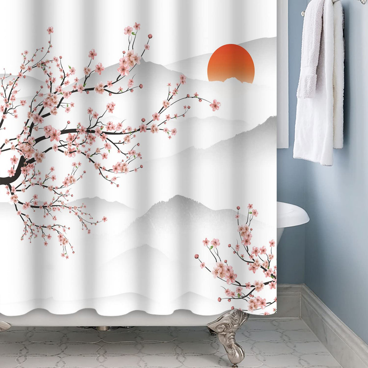 SDOTPMT 120x180cm Asian Cherry Blossom Shower Curtain Japanese Mount Fuji Peach Blossom Branch Bathtub Curtain Sunrise Mist Bathroom curtain for