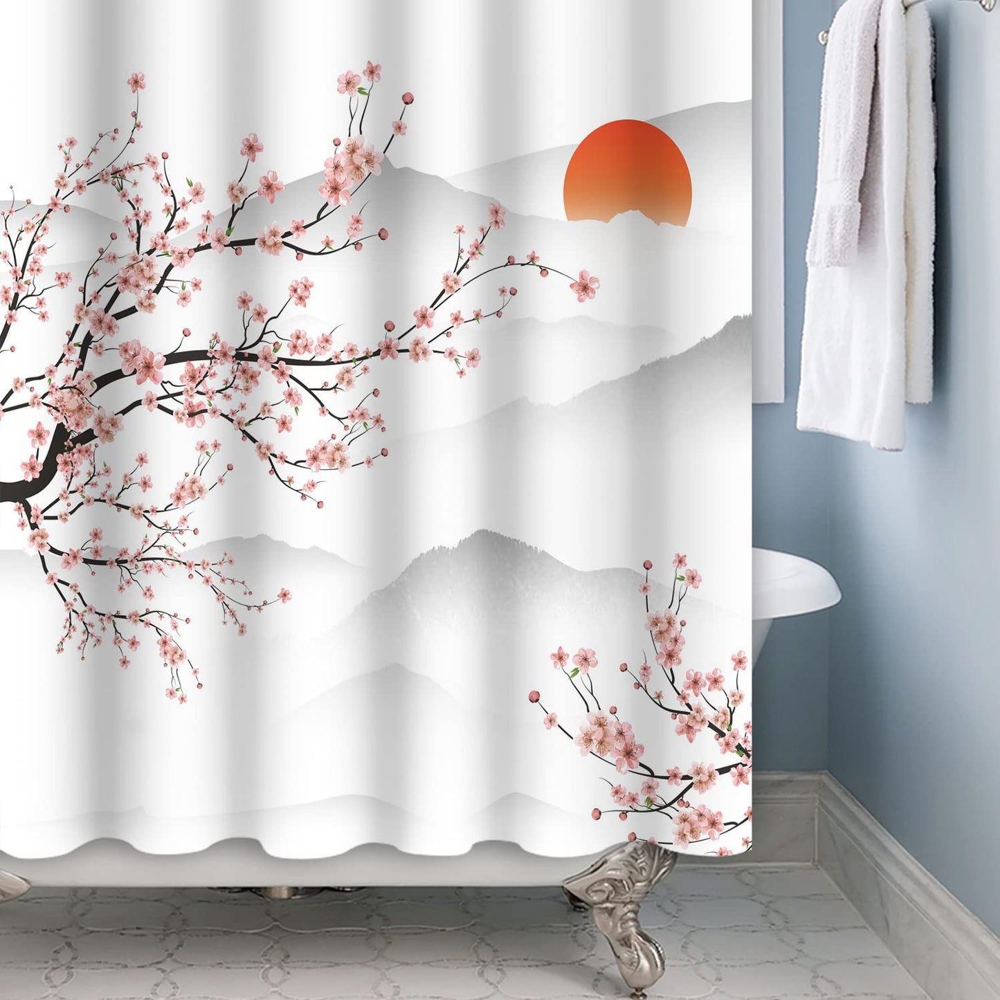 SDOTPMT 165x180cm Asian Cherry Blossom Shower Curtain Japanese Mount Fuji Peach Blossom Branch Bathtub Curtain Sunrise Mist Bathroom curtain for