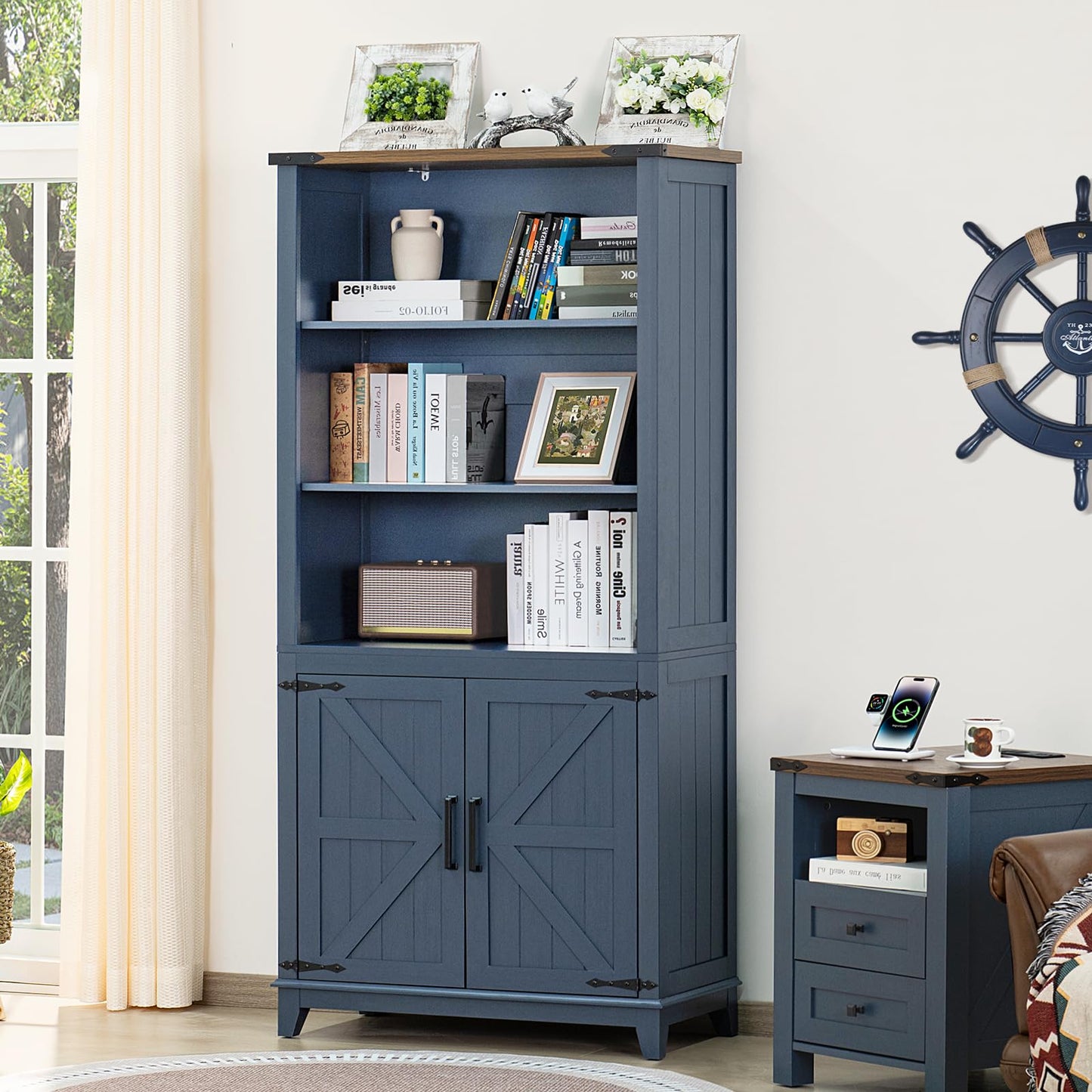 LELELINKY 70in Tall Bookshelf 5 Tier Bookcase with Barn Doors and Adjustable Shelves, Blue Farmhouse Book Shelf with Storage Cabinet