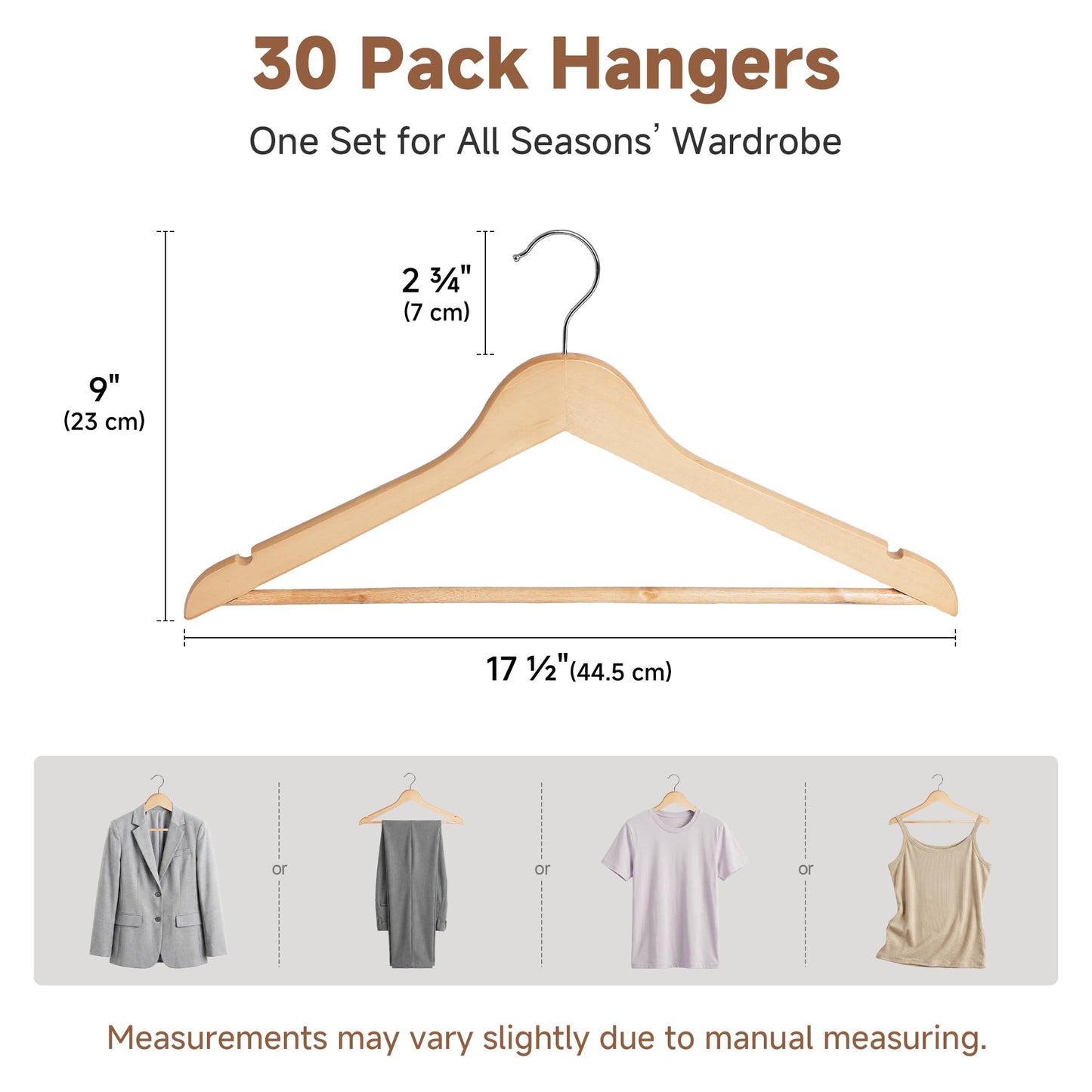 StorageWorks Wooden Hangers 30 Pack, Premium Natural Wood Hangers for Clothes, Coat Hangers Adult with 360 Degree Rotatory Hook