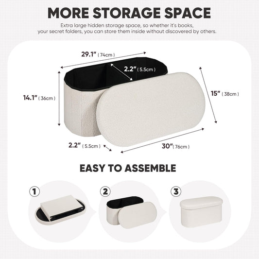 Bonlife Folding Ottoman Storage Bench,Boucle Footstool Oval, End of Bed Stool, Ideal for Living Room, Bedroom,76x38x38cm,White