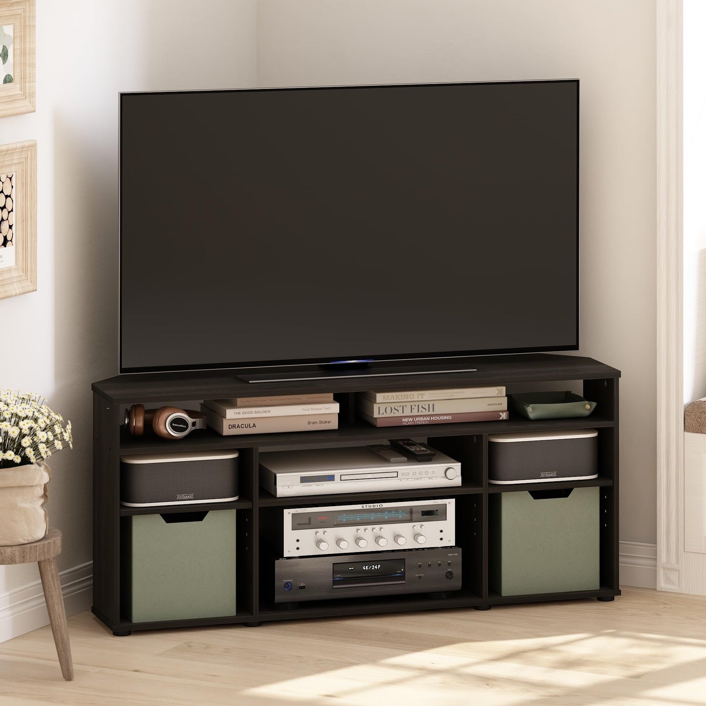 Furinno JENSEN TV Stand, Corner Entertainment Center, TV Console for TV up to 55 Inch, for Living Room, Bedroom, Espresso