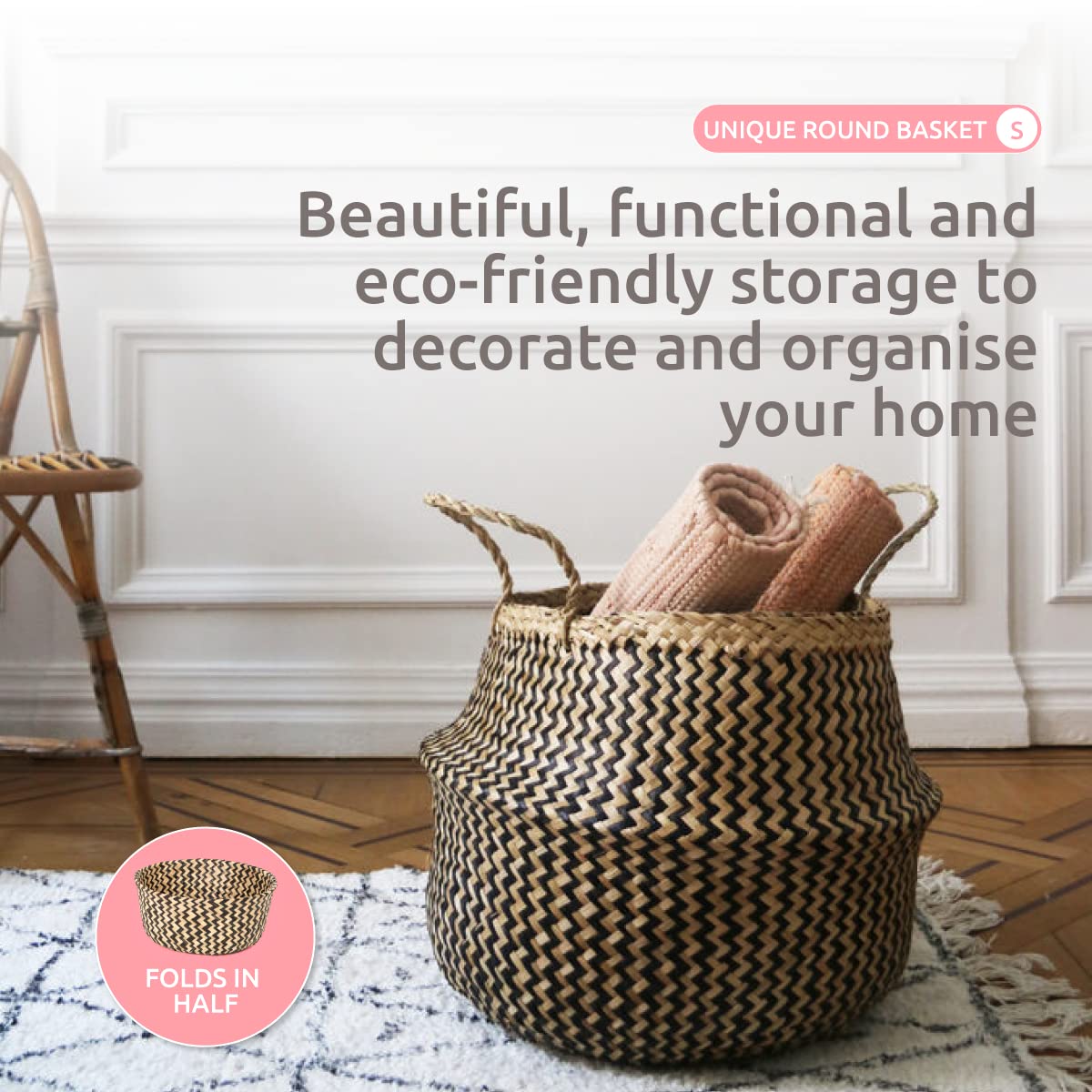 Compactor Belly Basket M - Handwoven Seagrass Storage Basket, Black (27X27X26 cm)