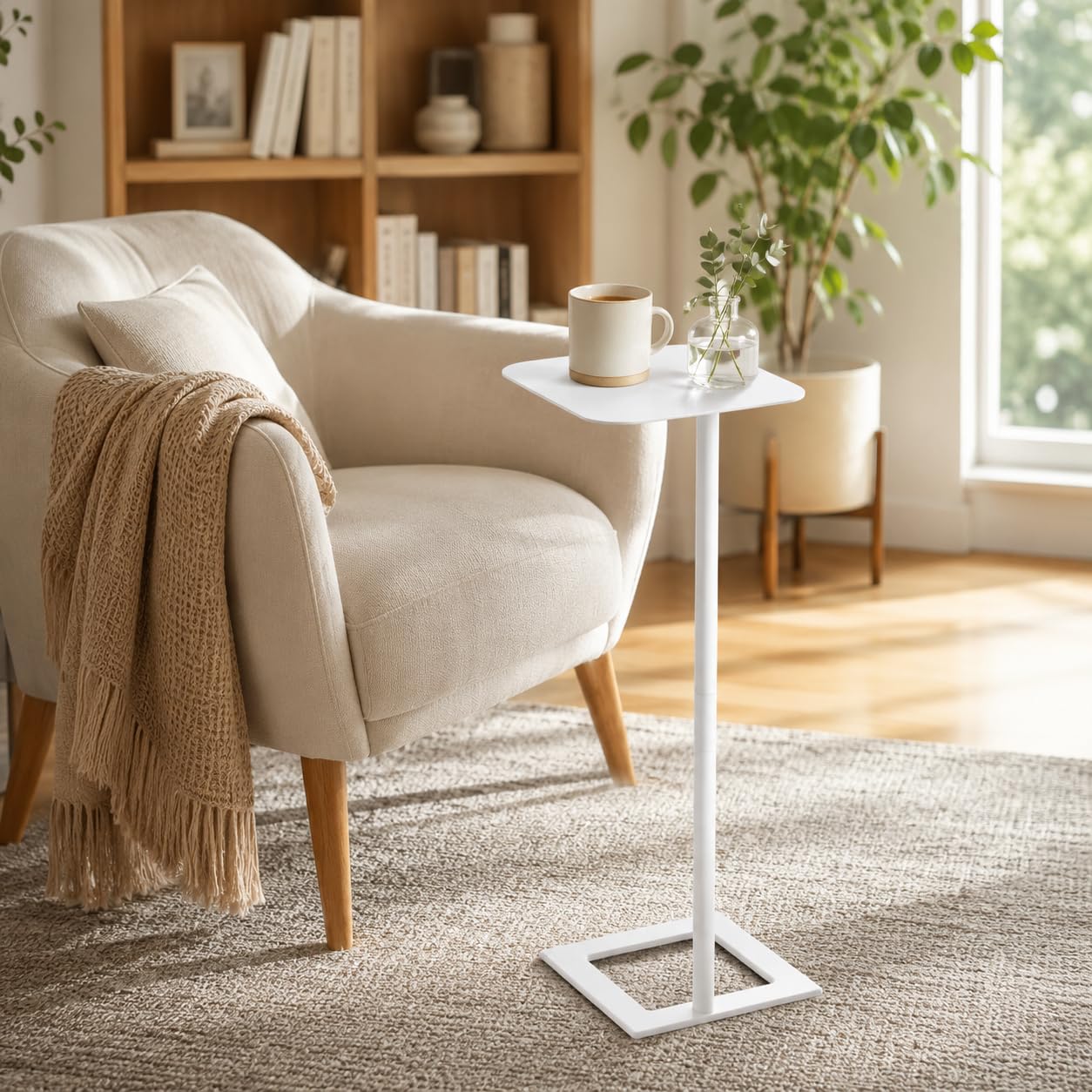 ZEXVIDA Modern Stable C Table End Table, 23.4" Tall, Square, White