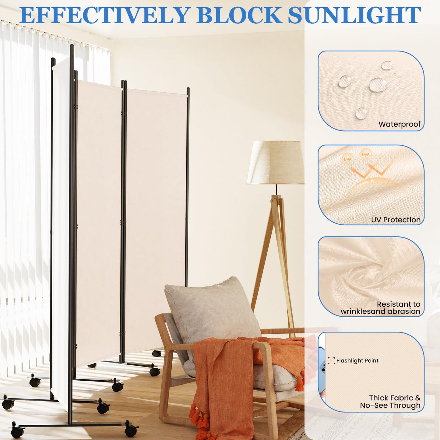 6 Panel Room Divider 183CM Folding Privacy Screens with Lockable Wheels