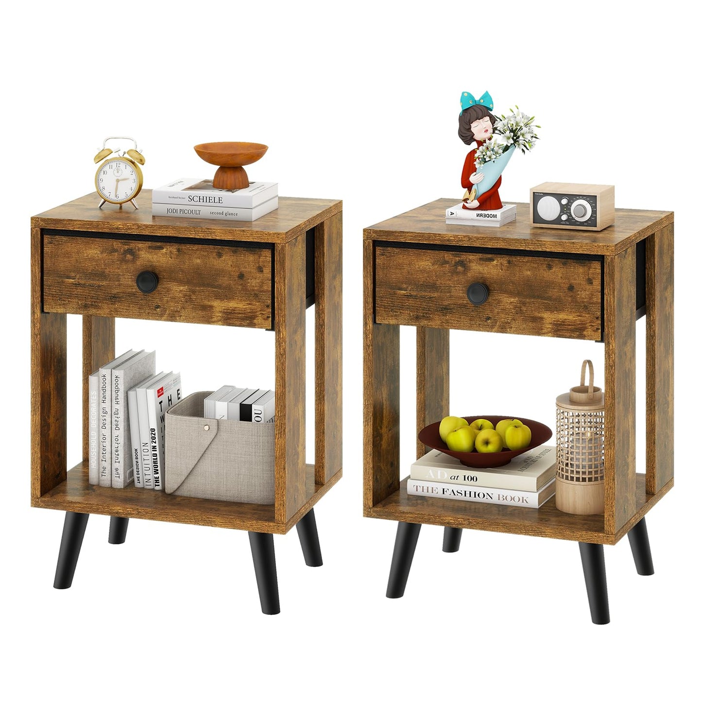 YMYNY Set of 2 Side Tables, Bedside Table, Sofa End Table, with Fabric Drawers and Open Shelf Unit, Solid Wood Legs, Nightstand, for Bedroom