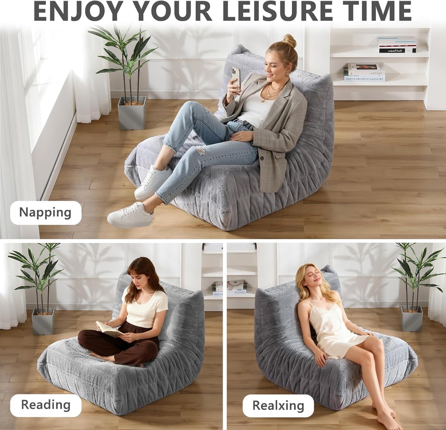 Bean Bag Chair w/ Filling, Comfy Lounge Chair, Floor Sofa Adults (Grey)
